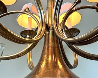 Traditional Brass French Horn 6-Light Chandelier with Looping Arms & Fabric Shades