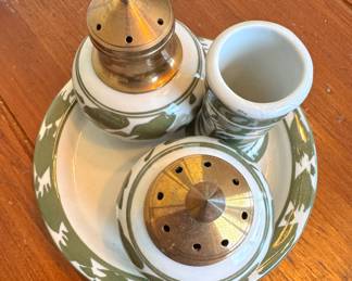 Hand-Painted Thailand Green & White Ceramic Condiment Set with Brass-Tone Shakers & Tray