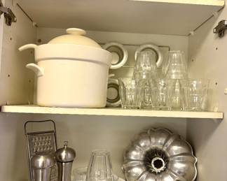 Assorted Kitchen Glassware, White Ceramic Cookware, Aluminum Bundt Pan & Serving Pieces