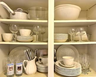 White Embossed Floral Dinnerware, Stemware & Assorted Kitchen Serving Pieces