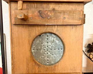Vintage Wooden Wall-Mount Coffee Grinder with Punched Tin Panel