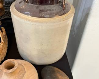 Antique Salt-Glazed Stoneware Crock and Vintage Pottery
