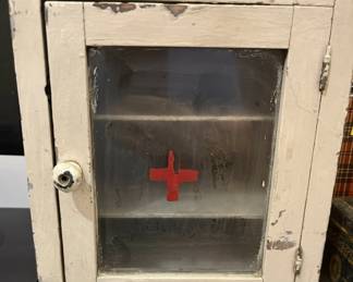 Vintage Wooden First Aid Cabinet with Red Cross