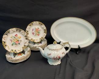 Floral Gold White Pot, Platter, and Plates