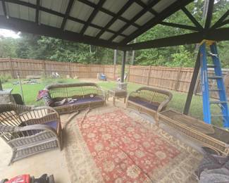 Wicker Patio Set with glass coffee and end tables( have original pillows)