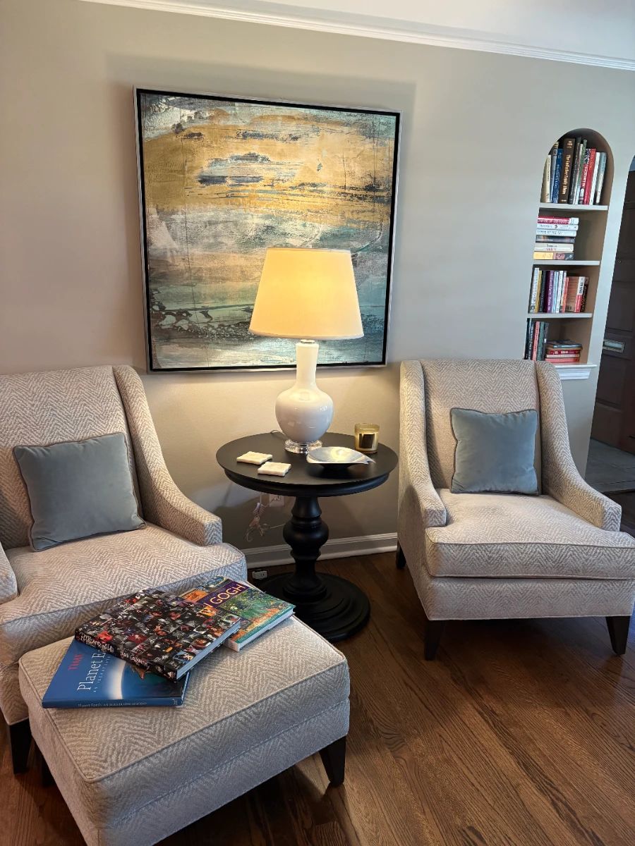 Ethan Allen accent chairs with ottoman, Ethan Allen round side table - black, lamp and acrylic framed picture