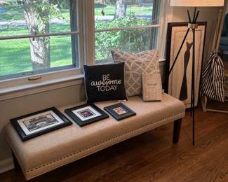 Bench with nailhead trim - matched set of 2 available, pillows and artwork