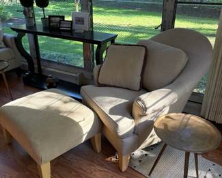 Accent armchair and ottoman with burnished brass round side table