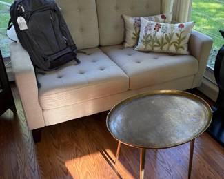 Another view of the loveseat and the oval brass table, new E-Bag and lumbar pillows