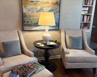 Ethan Allen accent chairs with ottoman, Ethan Allen round side table - black, lamp and acrylic framed picture