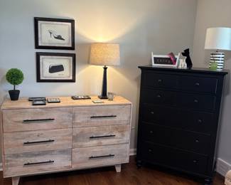 6-drawer dresser and 7-drawer chest of drawers - black, lamps and framed art