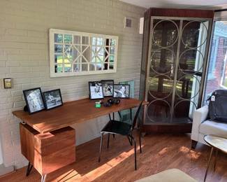 Natural edge solid wood desk with left-side drawers, mirror, 1 of 2 Curio Cabinet