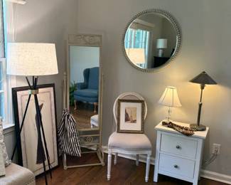 2-drawer nightstand, accent side chair, round wall mirror, floor mirror, floor lamp and table lamps