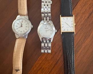 Women's Watches:  Lasalle Gold and reptile "tank" watch, Stainless and Swiss Arm watch with leather band