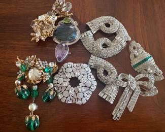 Vintage lapel pins, sterling and semi-precious stones, and fur pins