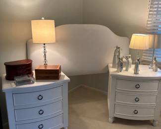 Queen White headboard and matched set of 3-drawer nightstands and lamps, also shown Lladro and jewelry boxes