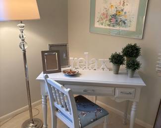 Floor lamp, white desk/console table and chair and lithograph