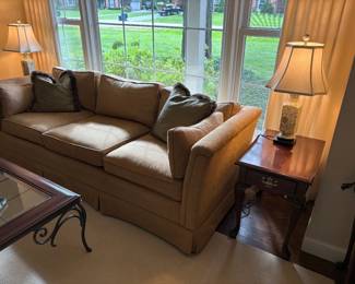3-cushion couch shown with matched set of side tables and lamps