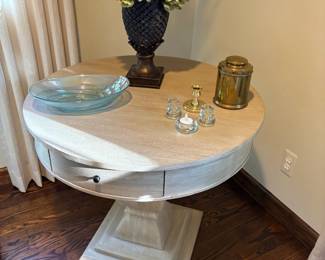 Round pedestal side table with drawer 