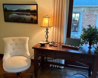 Desk, chair and framed lithograph 