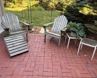 Adirondack chairs (pair) and ottoman, side patio table and faux ferns