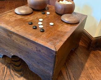 Antique Korean game - (Goban) with solid wood table-style playing board and  bowls with wooden lidded bowls with black and white stones