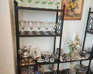 Vintage Shelves. Stemware, Depression Glass Silverplate, Crystal