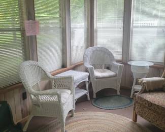 Wicker chairs, table. plant stand
