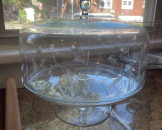 Vintage Etched Glass Cake Stand with Dome - Princess House Heritage Pattern