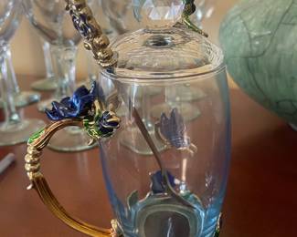 Enamel and Crystal Butterfly and Blue Rose Tea Mug Set