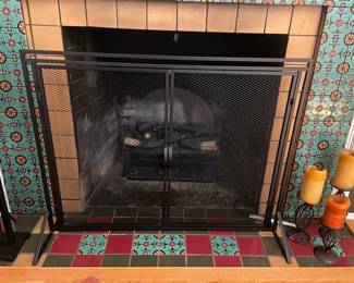Black Metal Two-Panel Folding Fireplace Screen with Mesh