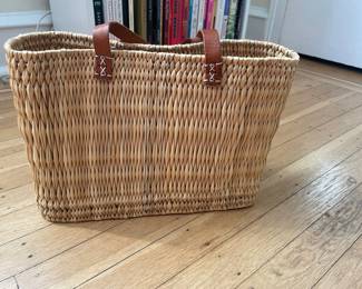 Handwoven Moroccan Reed Basket Tote with Leather Handles