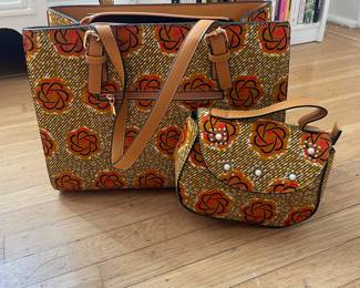 Vintage African Print Handbag and Crossbody Set with Faux Pearl Embellishments