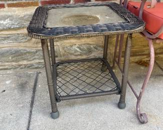 Vintage Wicker Patio Side Table with Glass Top