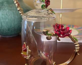 Enamel and Crystal Floral Tea Mug with Spoon