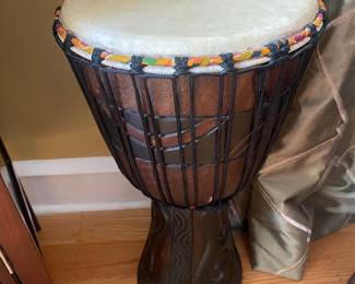 Vintage Hand-Carved Djembe Drum with Decorative Relief