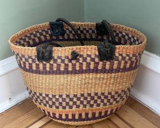 Vintage Bolga Market Basket with Leather Handles