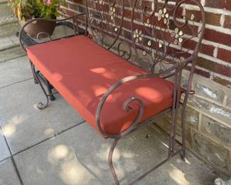 Vintage Wrought Iron Garden Bench with Floral Scrollwork and Double Heart Back