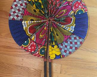 Vintage African Wax Print Folding Fan with Leather Handles