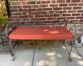 Vintage Wrought Iron Garden Bench with Floral Scrollwork and Double Heart Back