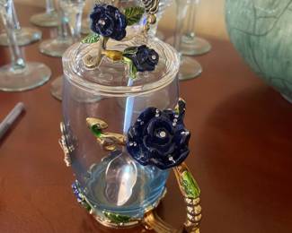 Enamel and Crystal Butterfly and Blue Rose Tea Mug Set
