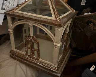 Miniature glass gazebo display house with cream and gold trim