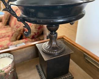 Bronze finish pedestal urn compote with scroll handles
