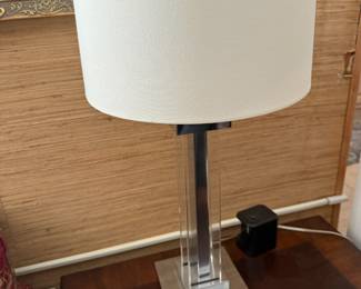 Lucite and chrome table lamp with cream drum shade
