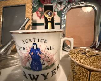 Justice for all lawyer mug with picture frames and trinket box