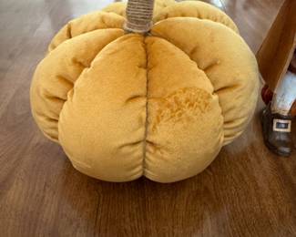 Mustard yellow velvet pumpkin decor with twine-wrapped stem