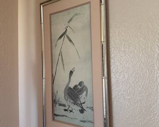 Asian ink-style goose and bamboo print in silver bamboo frame