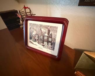 Framed print, The Home of Calvin Coolidge, signed winter scene