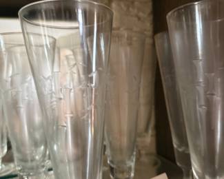 Etched pilsner glasses with bamboo design, set of several