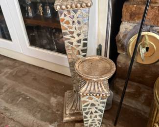 Mirrored mosaic pillar candle holders, pair of two sizes